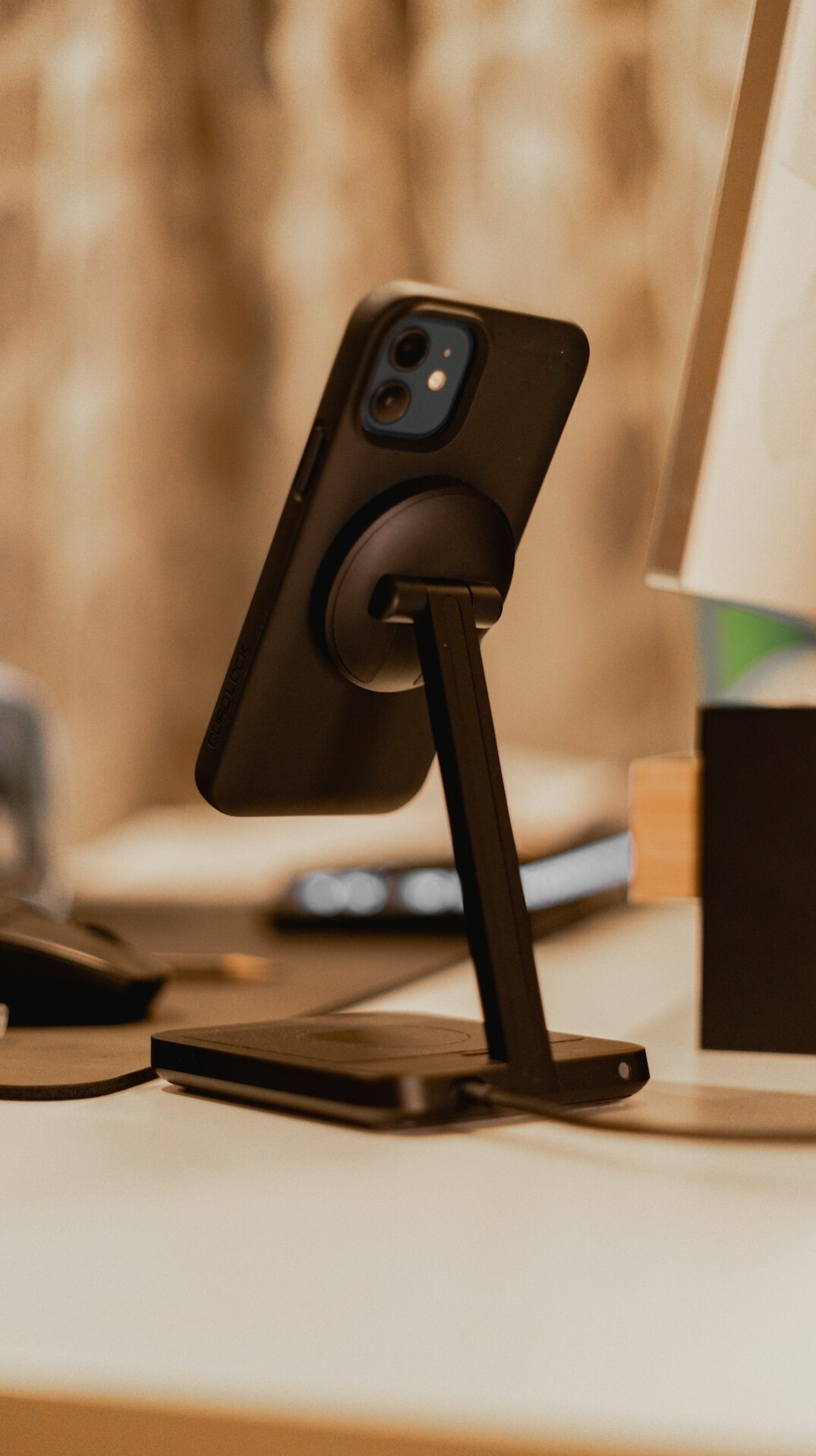 Content creator desk with laptop smartphone and ring light